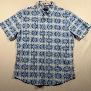 Monument Men Blue White Geo Print Short Sleeve Button Front Shirt Size L Stretch